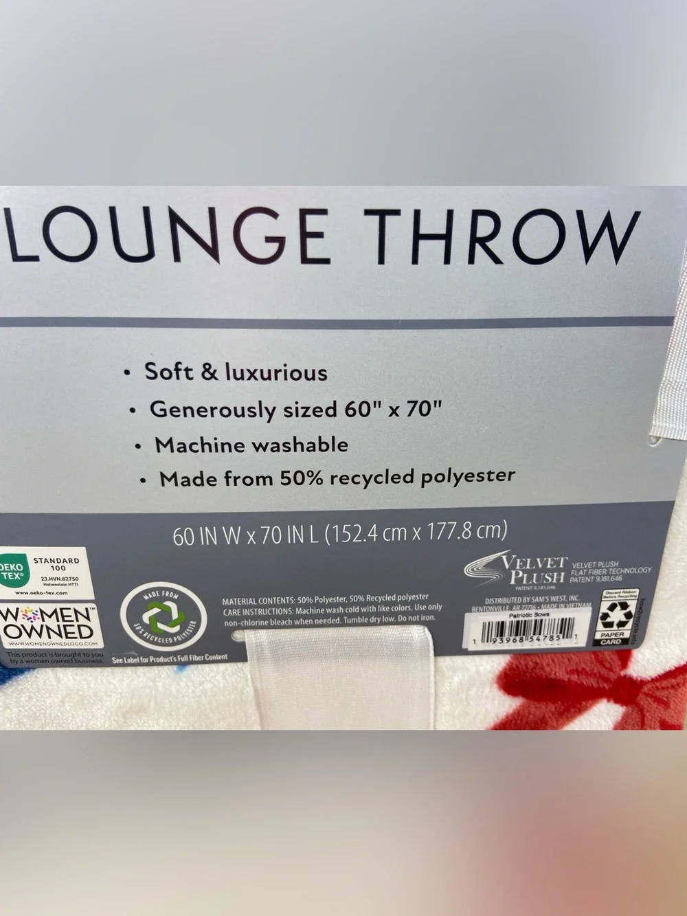Member’s Mark Red & Blue Bow Star Lounge Throw 60” x 70” Blanket - Brand New